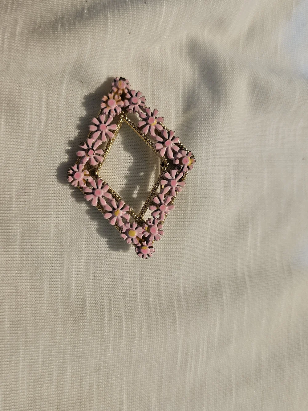 Gold-Tone Pink Floral Diamond-Shaped Brooch - Women Jewelry